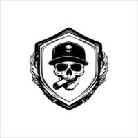 Skull with cap and cigar in shield emblem vector