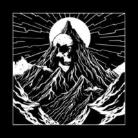 The skull is on top of a mountain with a sun in the background vector