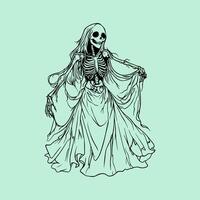 A skeleton in a dress is standing on a green background vector