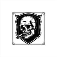 A skull with a cigarette in its mouth and a shield in the background vector