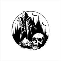 A skull and mountain in the background with bats vector