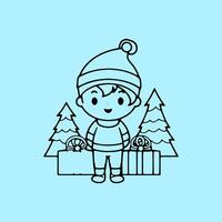 A boy with a hat and presents in the snow vector