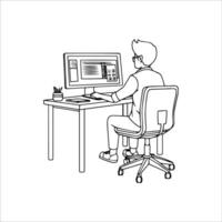 A man is sitting at a desk and working on a computer vector