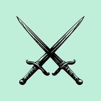 Two swords crossed on a green background vector