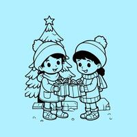 Two children holding presents in front of a christmas tree vector