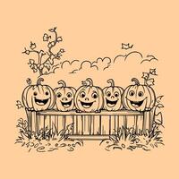 A coloring page with pumpkins on a fence vector