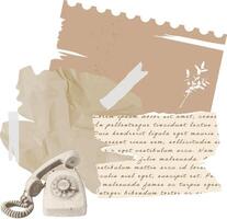 Vintage style collage with an old telephone in a halftone effect, with torn and crumpled paper. Elements for scrapbook, decoupage in the shabby chic style. illustration vector