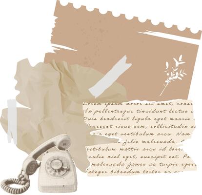 Vintage style collage with an old telephone in a halftone effect, with torn and crumpled paper. Elements for scrapbook, decoupage in the shabby chic style. illustration