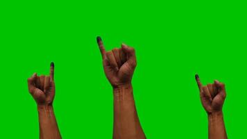 Animated of Three ink-stained fingers raised against a vivid green background, representing voting or participation in a democratic process. video