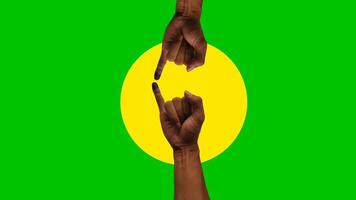 Animated of Two ink-stained fingers pointing toward each other against a green background with a yellow circle, symbolizing connection or agreement. video
