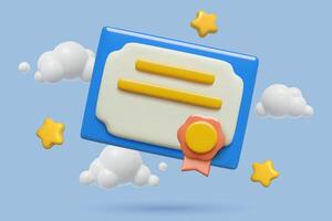 Certificate, diploma or license 3d icon with a badge stars and clouds vector