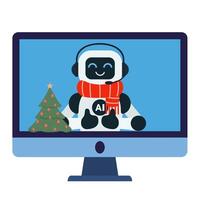 Cute chat bot robot in red scarf and with Christmas tree shows thumbs up on the computer monitor screen vector