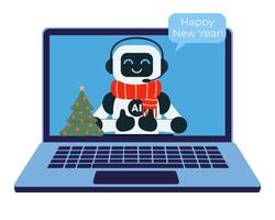 Cute chat bot robot in red scarf and with Christmas tree shows thumbs up on the laptop monitor screen vector