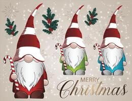 Holiday greetings gnome character in different colors with sugar cane in hand. vector