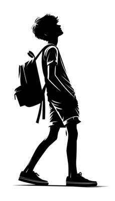 Silhouette of a young boy walking with a backpack, wearing casual shorts and a T-shirt, looking up thoughtfully, on a white background