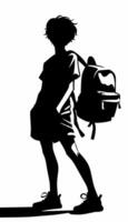 A black silhouette of a teenager wearing a backpack, standing casually with a tilted pose, simple yet artistic outline vector