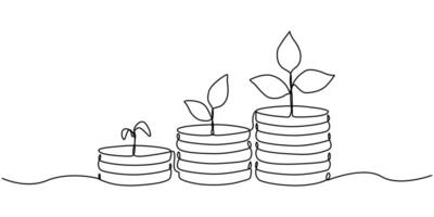 Coins stack with leaves branch continuous one line drawing vector