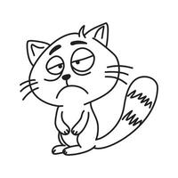 Sad tired cat doodle illustration with expressive face, black and white cartoon style art, perfect for designs, blogs, memes, or humorous projects vector