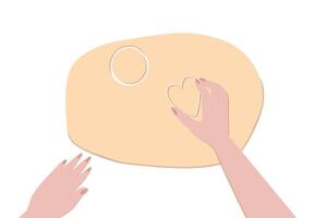 Hands making Christmas cookies with cookie cutter heart and circle shape top view illustration vector
