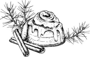 hand drawn illustration of a cinnamon roll with icing, cinnamon sticks and pine branches. A cozy, festive composition perfect for Christmas projects and winter bakery designs vector