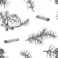 Seamless pattern with hand drawn cinnamon buns, pine branches, cinnamon sticks and pine cones. Black and white ink sketches are perfect for Christmas holiday designs, packaging or fabric prints vector