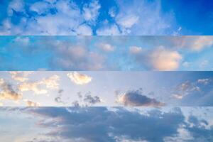The art collage of the different shades of the blue sky and the fluffy cloud sets in a daytime designed in a horizontal style. photo
