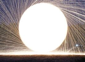 Spinning and burning Steel wool sparkle fire in the circle shape with long speed shutter shoot glowing light line to the ground. photo