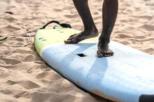 An example position of Asian professional feet on a surfboard in surfing board lesson study and training by the teacher. photo
