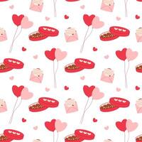 Valentines Day seamless pattern with balloons and box of chocolates. Flat illustration vector