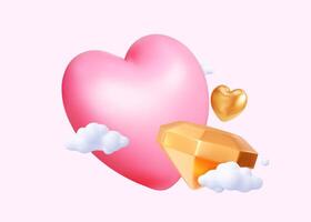 3d pink heart with golden diamond and clouds on a pastel background vector