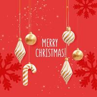 Square Merry Christmas greeting card with golden ornaments and festive red background vector