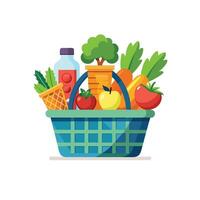 Grocery basket with vegetables and fruits, bottle of water and vegetables vector
