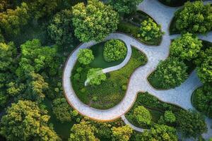 Aerial view of a winding path through a lush green park. photo