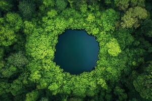 Aerial view of a circular lake surrounded by lush green forest. photo