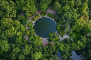 Aerial view of a circular pond surrounded by lush greenery in a park. photo