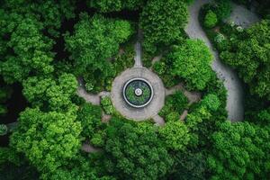 Aerial view of a circular fountain in a lush green park. photo