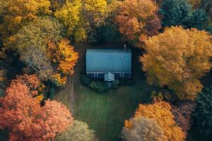 Aerial view of a house nestled in autumn foliage. photo
