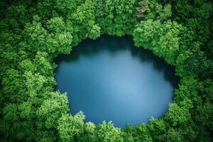 Aerial view of a serene, circular lake nestled in a lush green forest. photo