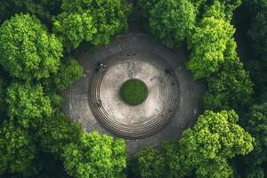 Aerial view of circular park with trees. photo