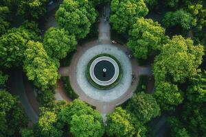 Aerial view of a circular park with a fountain surrounded by lush green trees and walking paths. photo