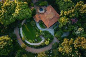 Aerial view of a house nestled in a lush green garden. photo