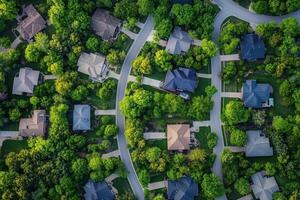 Aerial view of suburban neighborhood with houses nestled among lush green trees and winding roads. photo