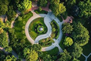 Aerial view of a circular park with lush greenery and winding pathways. photo