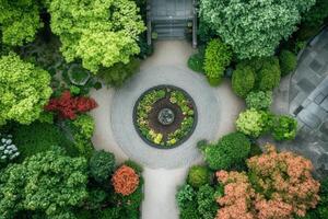 Aerial view of a circular garden with diverse plants and stone pathways. photo