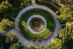 Aerial view of a circular garden with pathways. photo