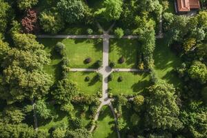Aerial view of a lush green park with symmetrical pathways. photo