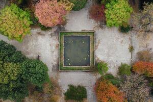Aerial view of a square pond in an autumnal garden. photo