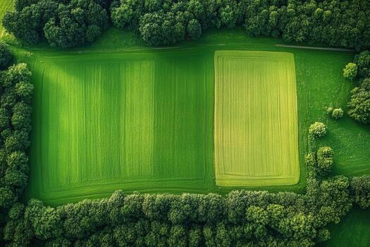 Aerial view of green fields and forest. photo
