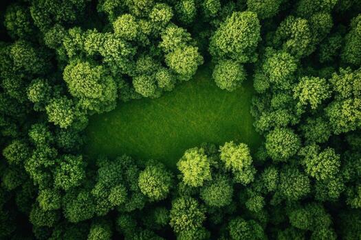 Aerial view of a clearing in a lush green forest photo