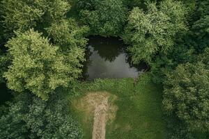 Aerial view of a secluded pond surrounded by lush green trees and a dirt path. photo